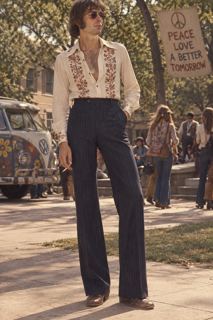 Mens Vintage 60s Pinstripe Blue Pants Western Hippie Mod High Waist 30x31 (READ)